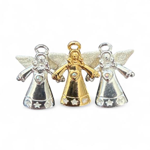 Christmas 3 Guardian Angels Brooch Pin Signed 3 AB Crystals Gold & Sil PLT NWT - Picture 1 of 3
